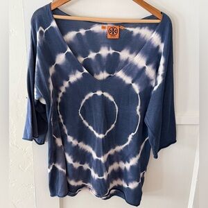 Tory Burch Navy and White Tie-Dye V-Neck Tunic